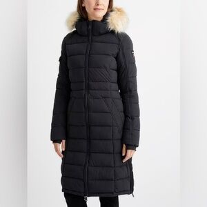 Pajar Black Long Quilted Down Coat with Fur-Trim Hood